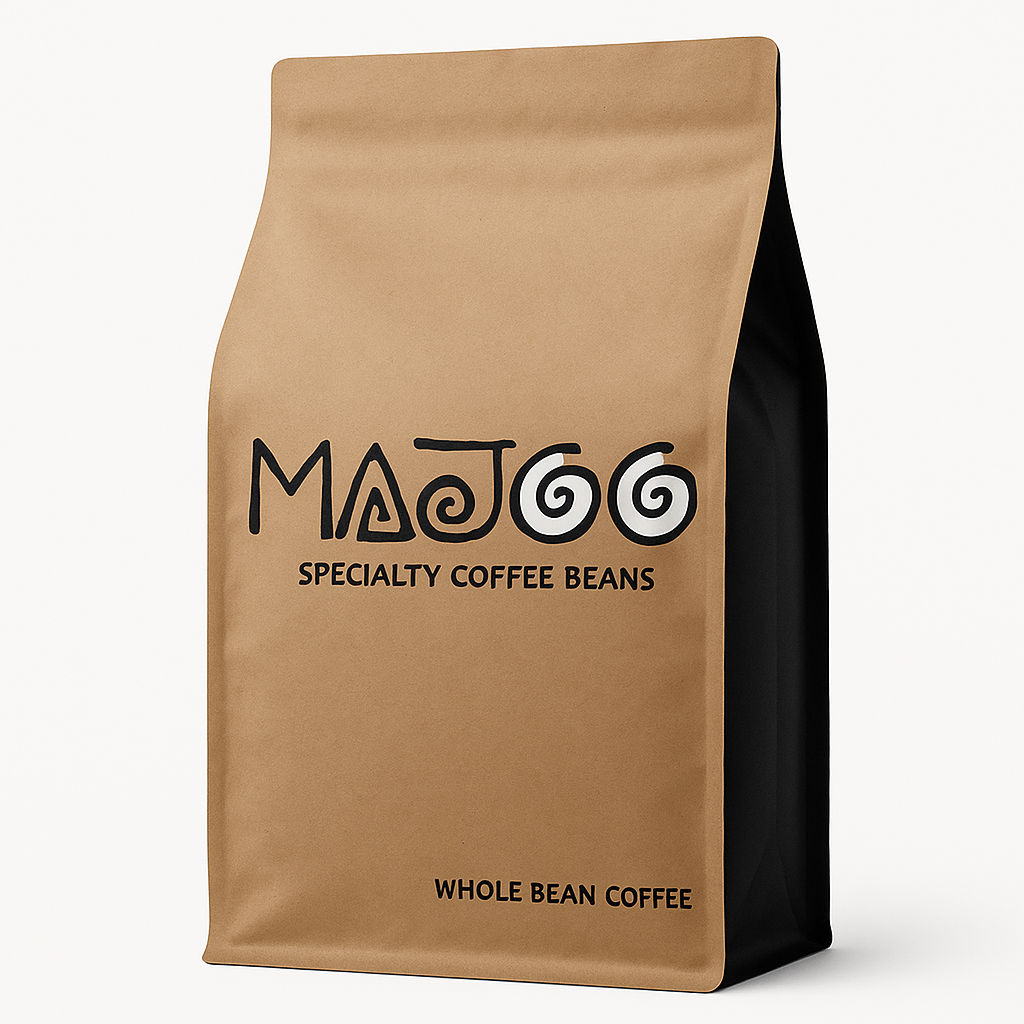 Brown bag of MAJOO Specialty Coffee Beans on a white background